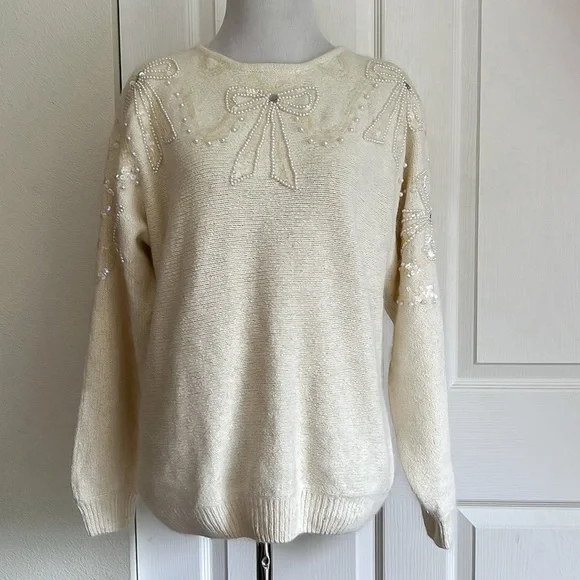Sweaters Vintage Bow Pearl Beaded Sequin Cream Angora